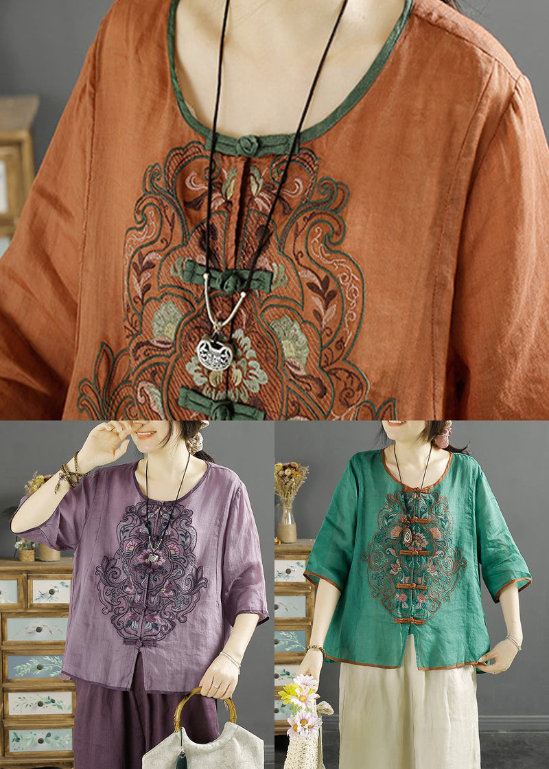 Chinese Style Purple O-neck Embroideried Linen Shirt Summer