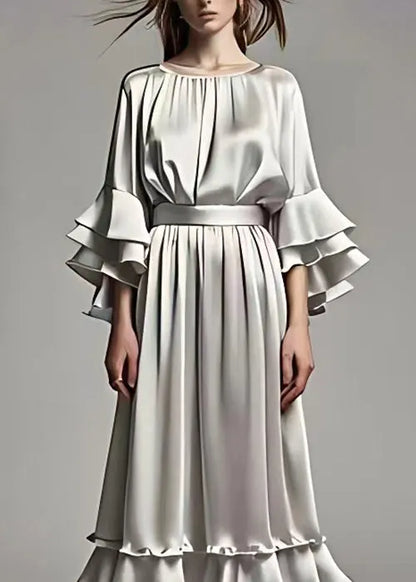 Grey Ruffled Tops and Skirts Silk Two Pieces Set Butterfly Sleeve