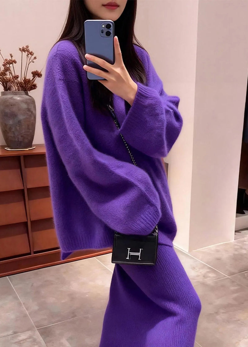 Purple Backless Bow Knit Two Piece Set Outfits Winter