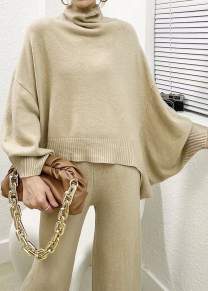 Apricot Tops and Pants Knit Two Pieces Set Hign Neck Batwing Sleeve