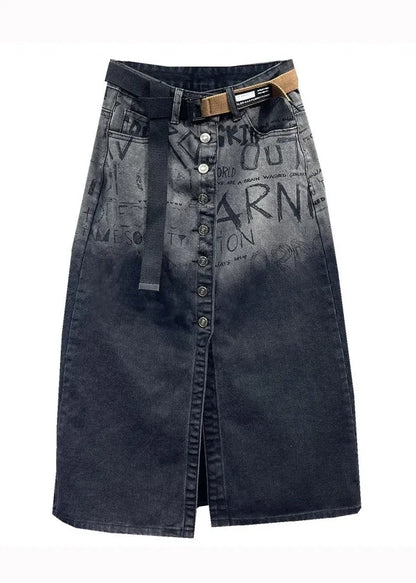 Italian Black Graphic Pockets Front Open Patchwork Denim Skirts Fall