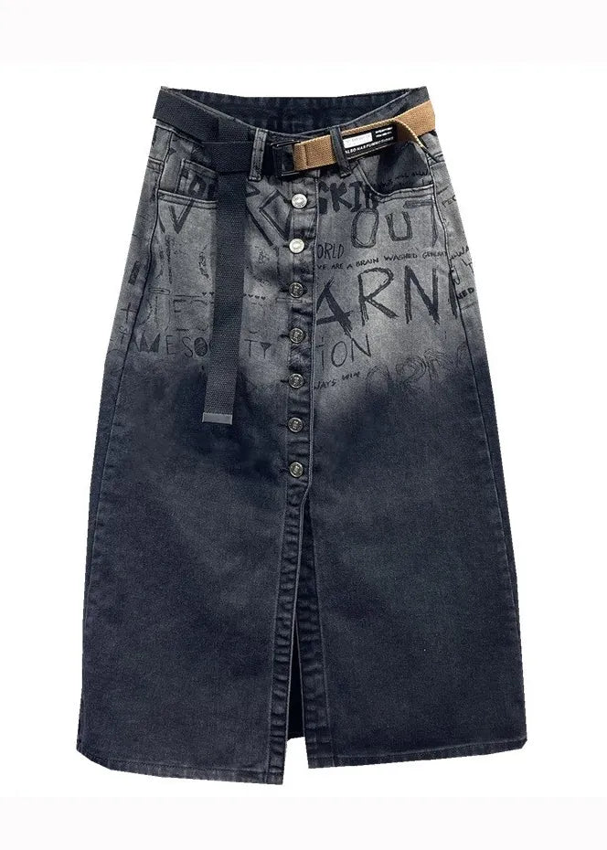 Italian Black Graphic Pockets Front Open Patchwork Denim Skirts Fall