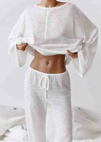 Simple White Oversized Cotton Pajamas Two Pieces Set Summer