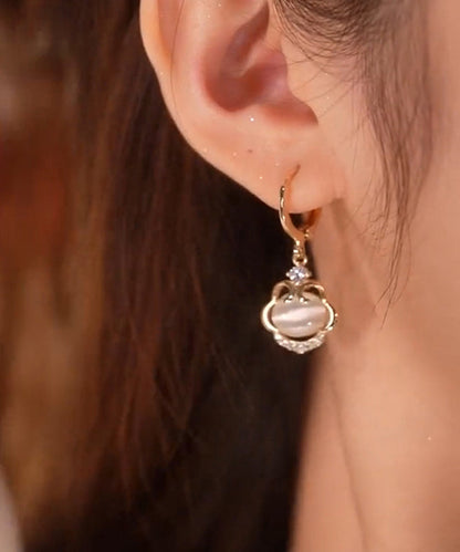 Fine Gold Copper Zircon Cat's Eye Stone Ruyi Lock Drop Earrings