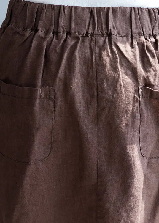 Chocolate Asymmetrical Pockets Linen Skirts Spring
