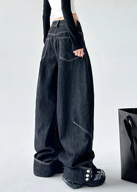 Black High Waist Patchwork Straight Denim Pants Spring