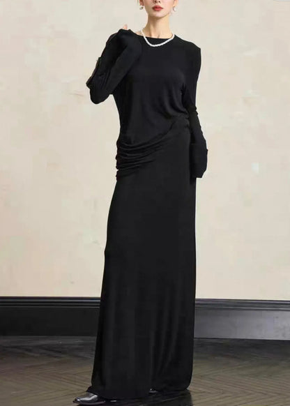 Simple Black O Neck Tops and Skirts Cotton Two Pieces Set Fall