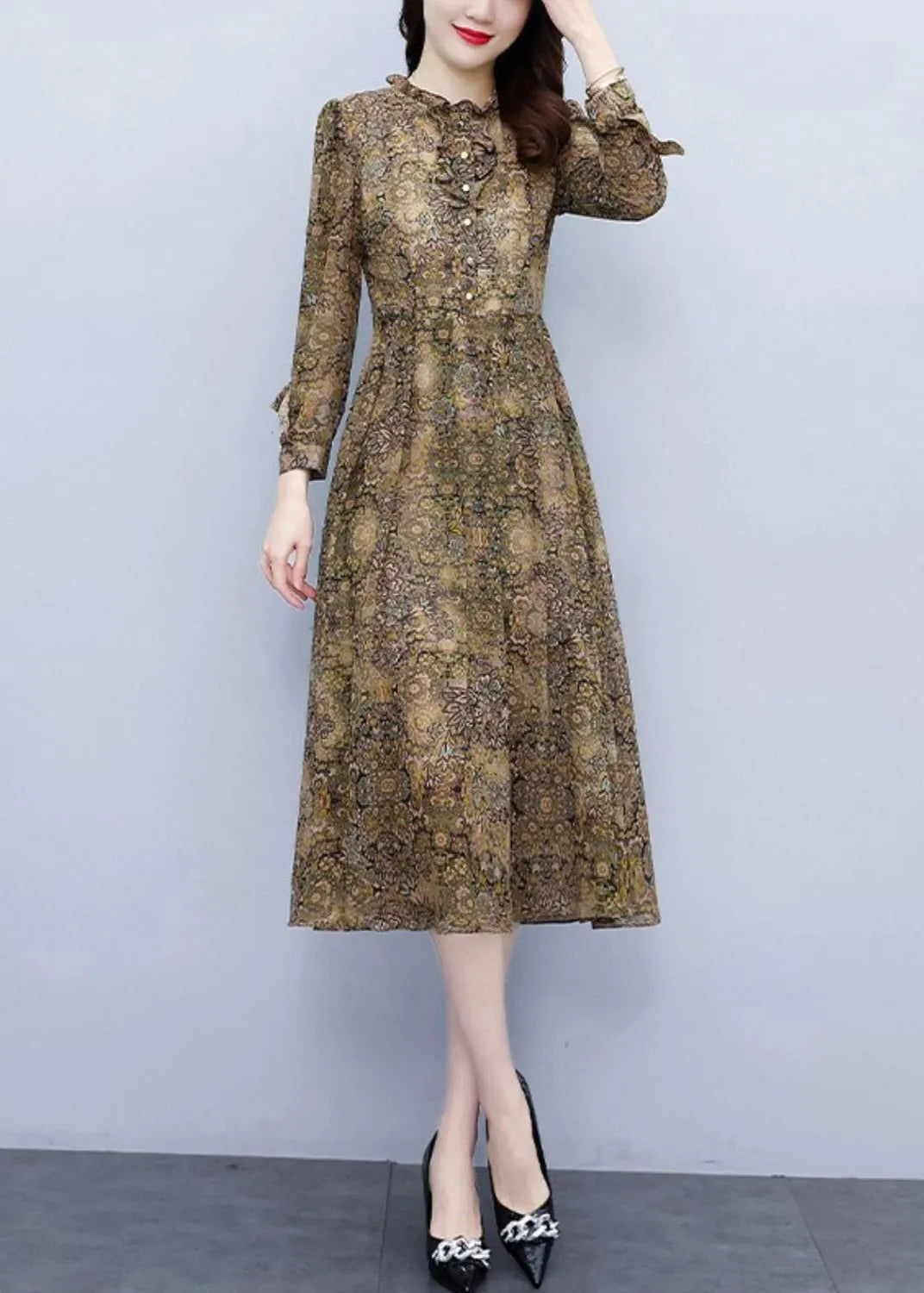 Ruffled Print High Waist Chiffon Dress Long Sleeve Fall