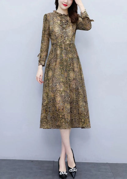 Ruffled Print High Waist Chiffon Dress Long Sleeve Fall