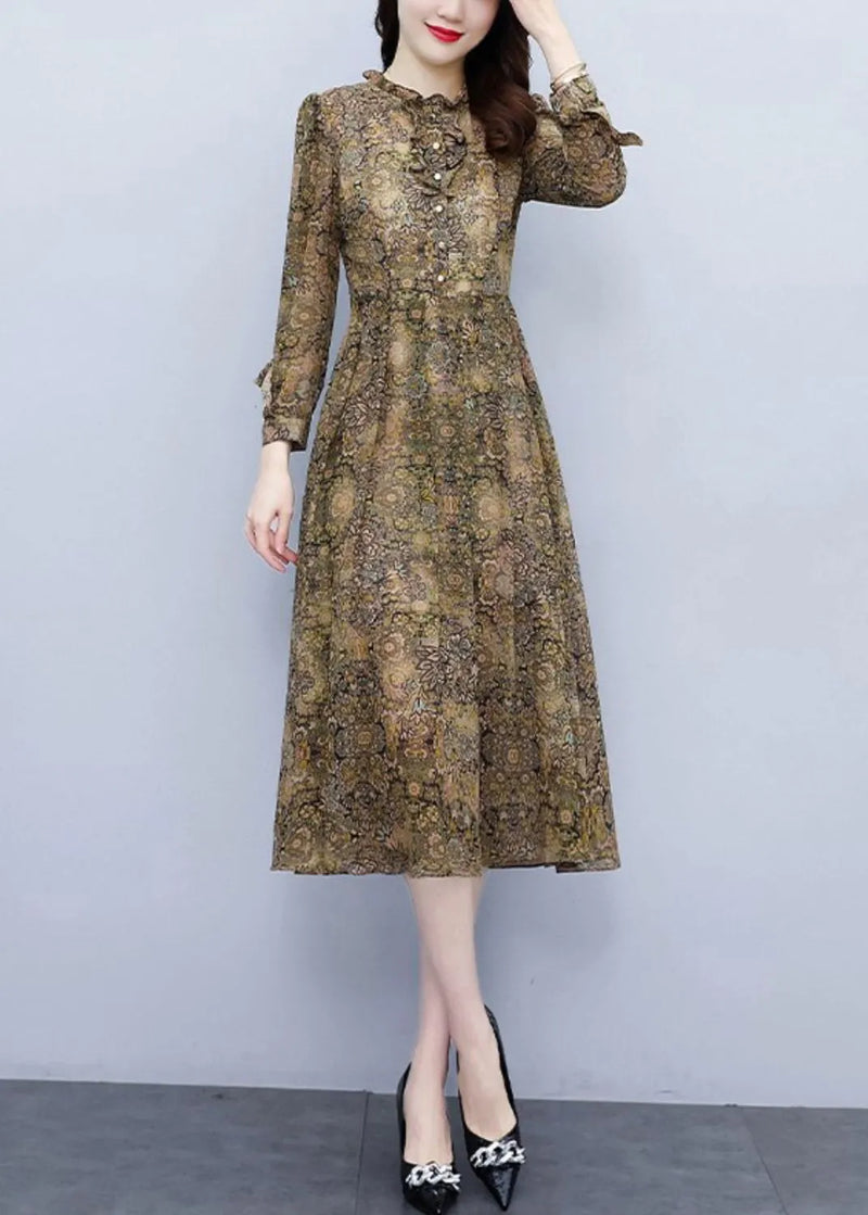 Ruffled Print High Waist Chiffon Dress Long Sleeve Fall