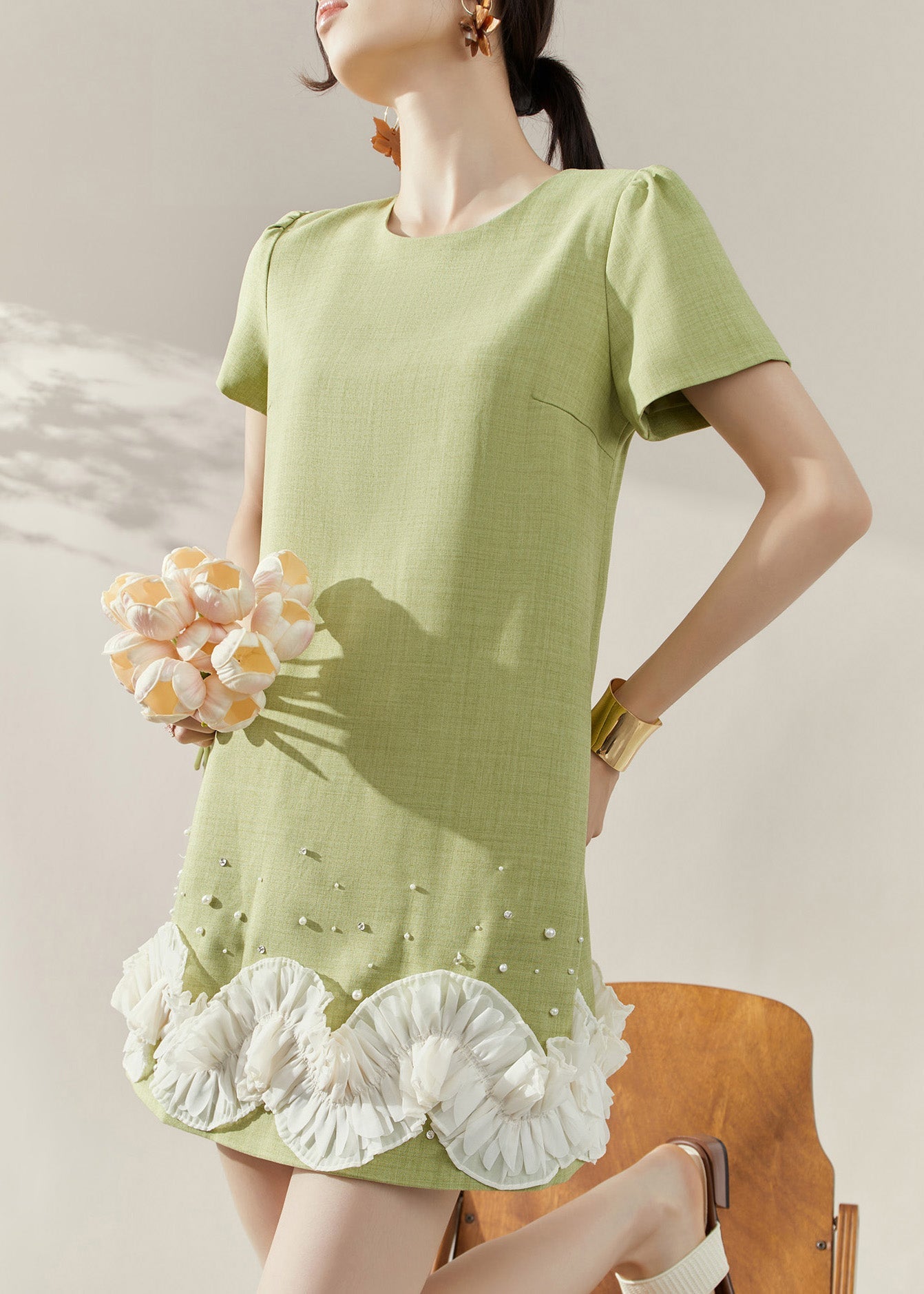 Stylish Green O-neck Mid Dresses Short Sleeve