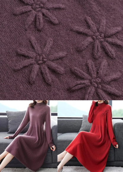 Black Patchwork Woolen Dress Embroideried Turtleneck Fall