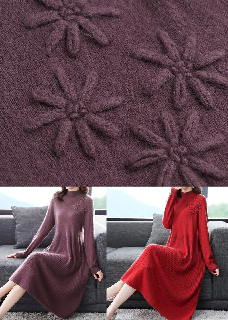 Black Patchwork Woolen Dress Embroideried Turtleneck Fall