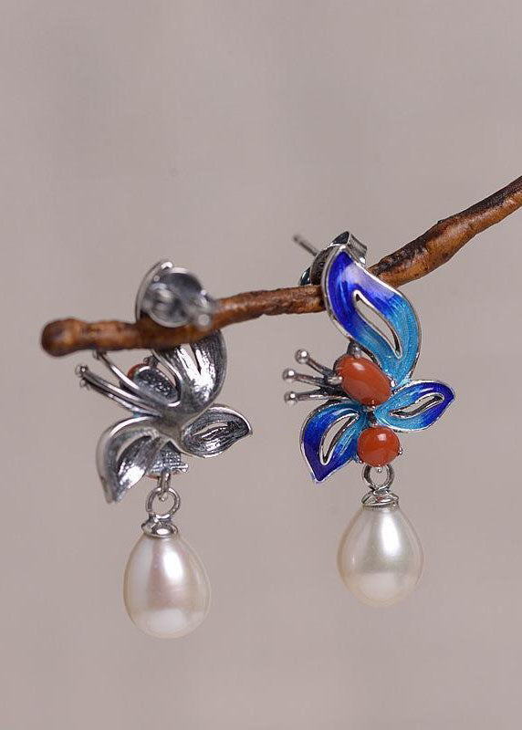 Cloisonne Butterfly Pearl Metal Stud Earrings
