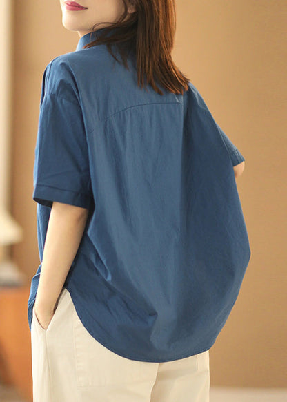 Khaki Peter Pan Collar Patchwork Cotton Shirts Summer