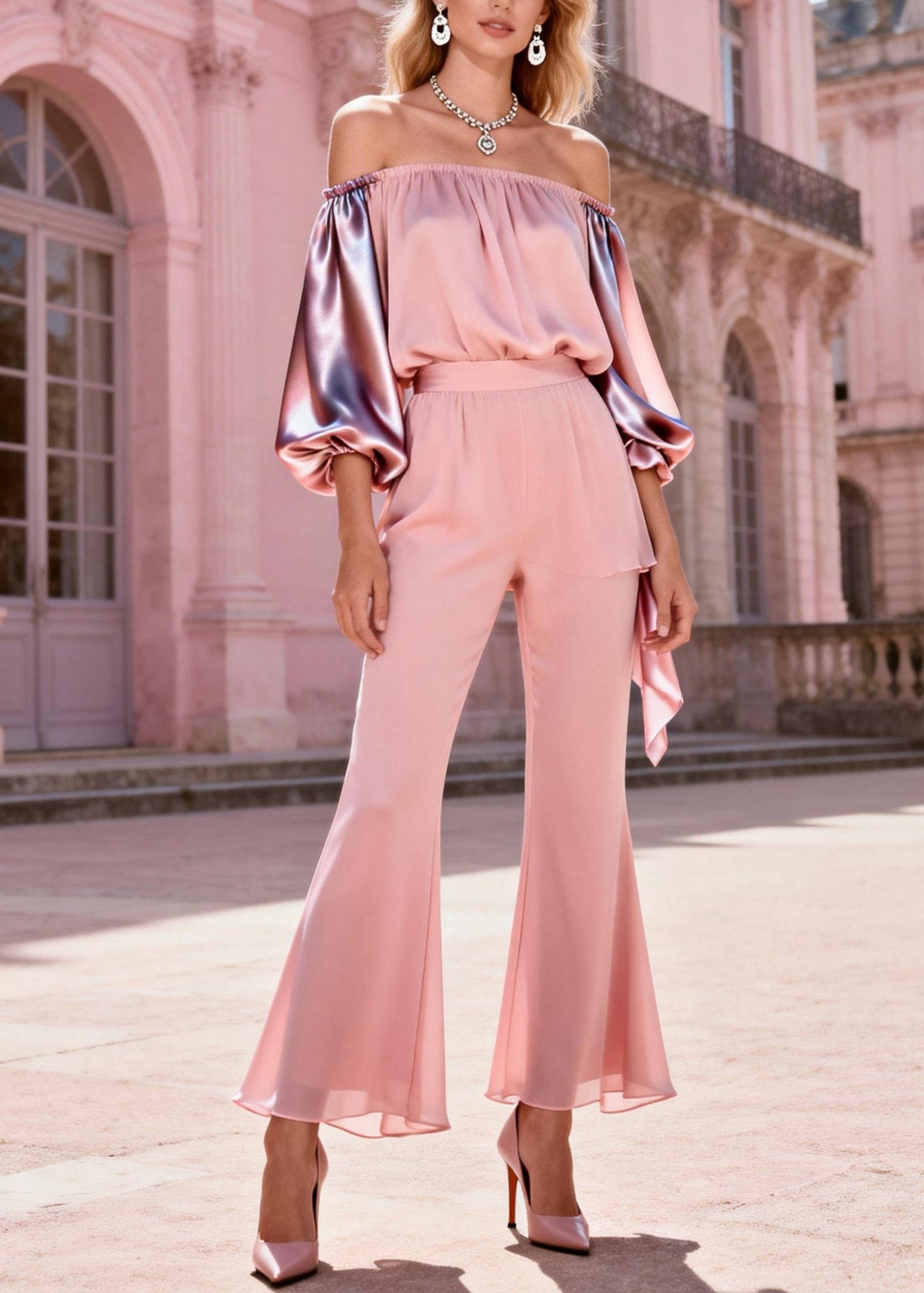 Pink Slash Neck Cold Shoulder Patchwork Silk Two-piece Set Spring