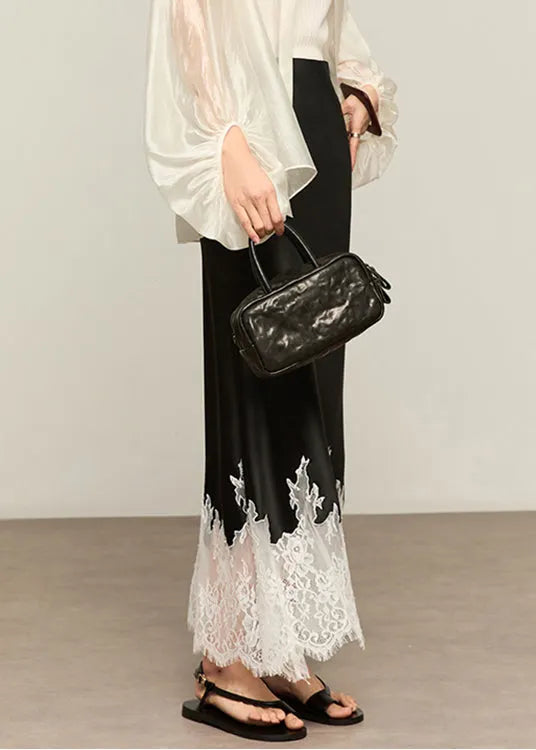 Black Original Design Lace Patchwork Silk Summer Skirt High Waist