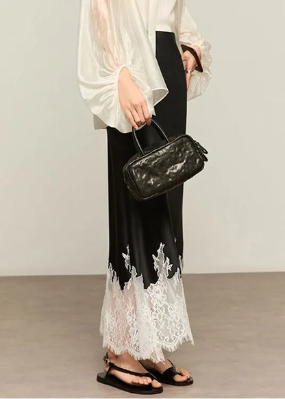Black Original Design Lace Patchwork Silk Summer Skirt High Waist