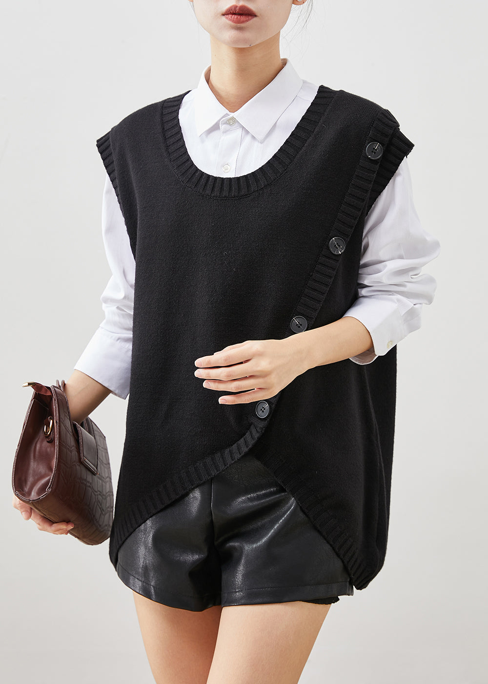 Black Asymmetrical Patchwork Knit Vest Top Fall