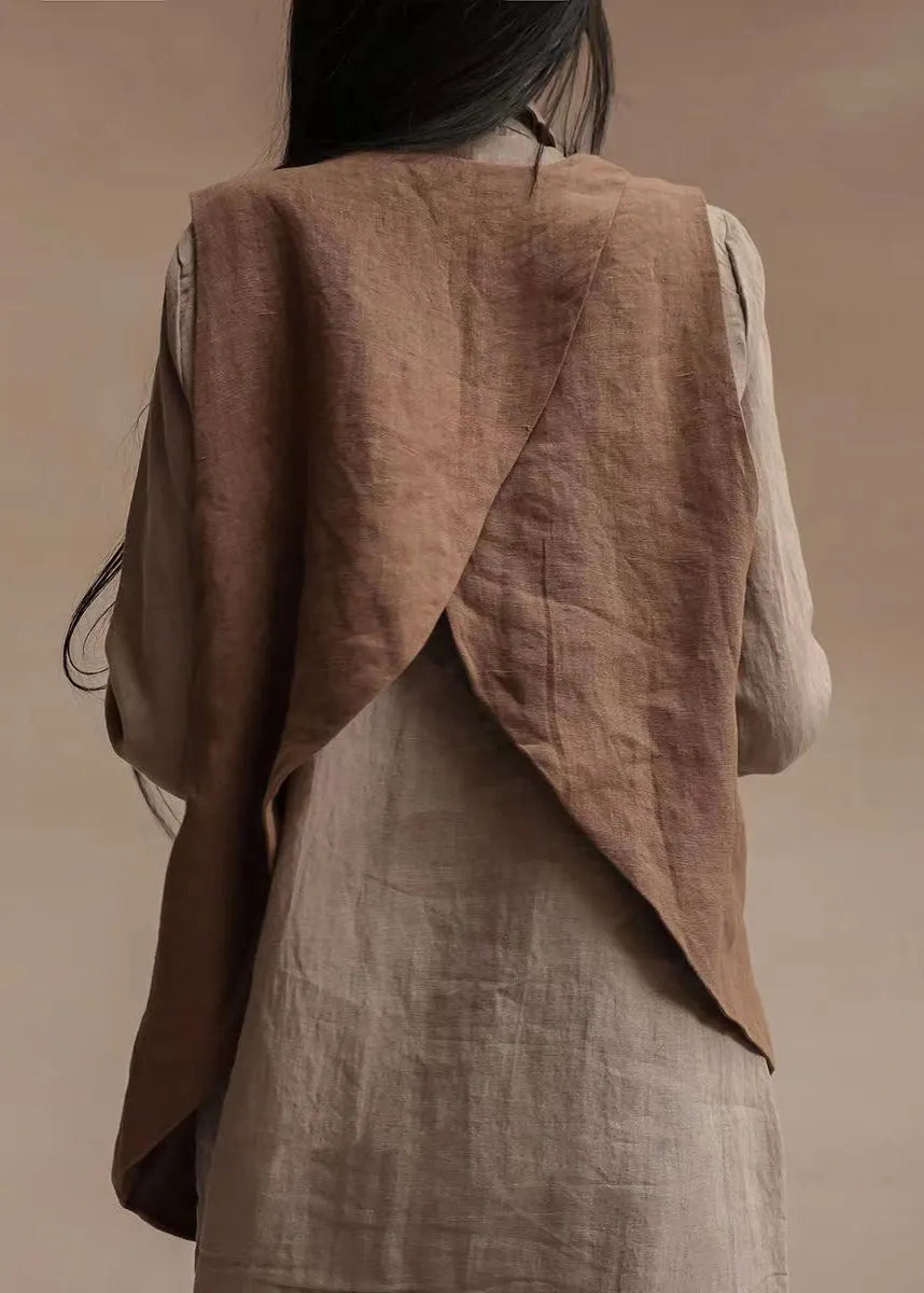 Brown V Neck Asymmetrical Design Patchwork Linen Waistcoat Top Sleeveless