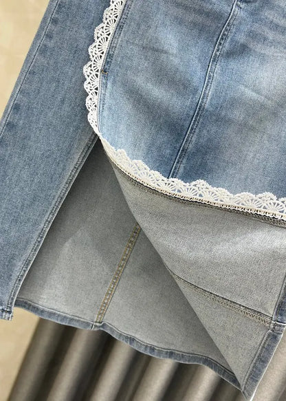 French Blue Side Open Lace Patchwork Denim Skirts Fall