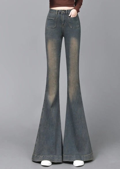 Navy High Waist With Pockets Denim Flare Bottoms Spring