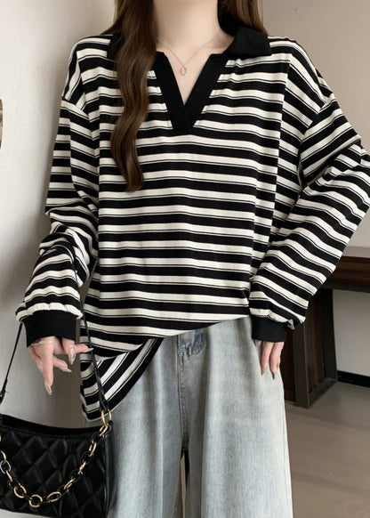 Black Oversized Striped Cotton Blouses Fall