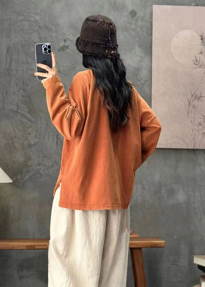 Red O Neck Applique Cotton T Shirt Tops Long Sleeve