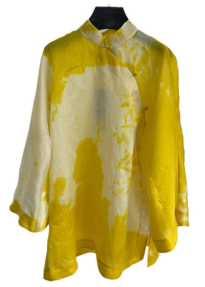Yellow Stand Collar Button Cotton Shirt Long Sleeve