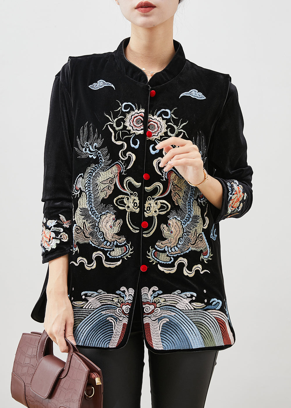 Black Embroideried Silk Velour Shirt and Vest Two Pieces Set Spring