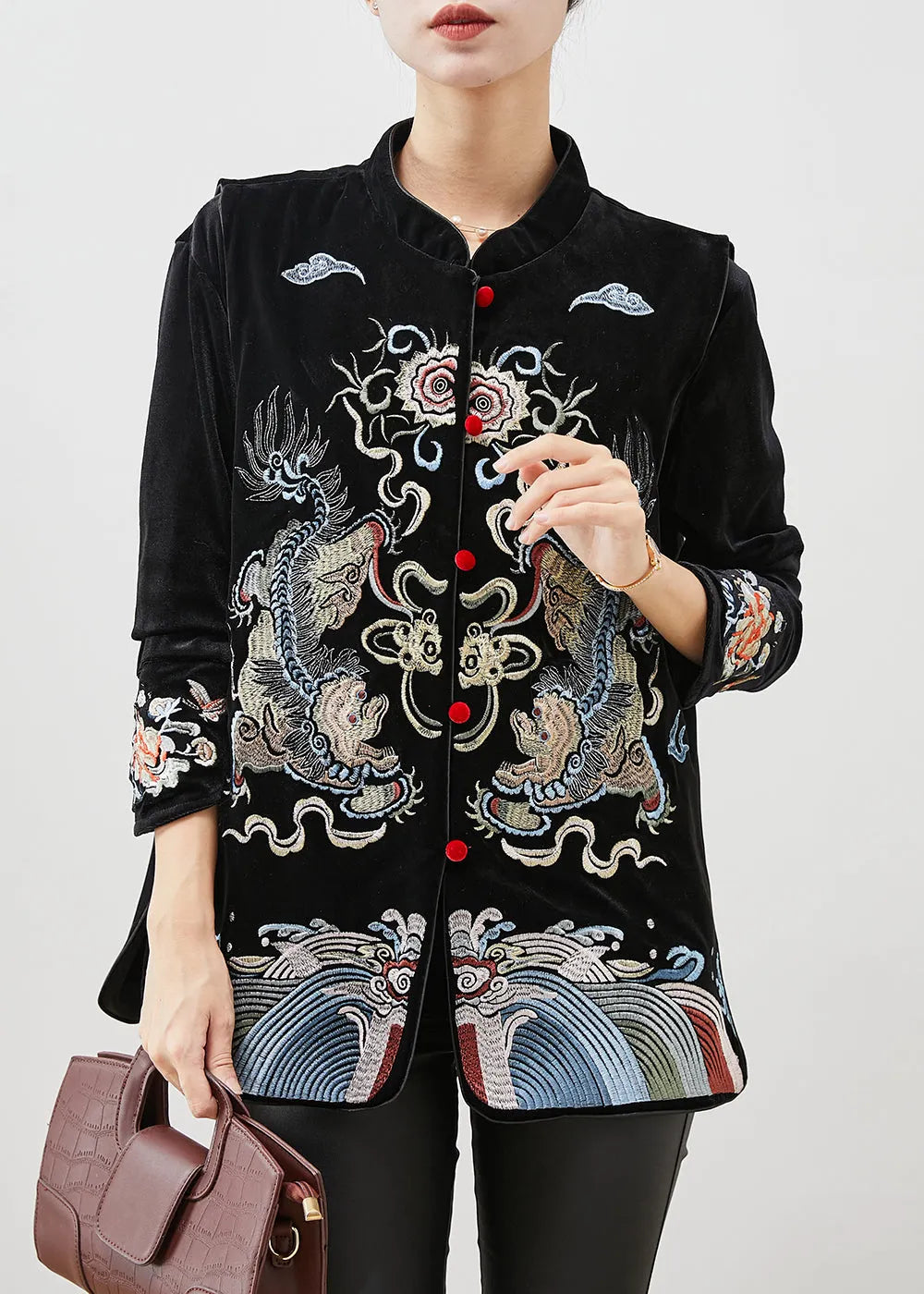Black Embroideried Silk Velour Shirt and Vest Two Pieces Set Spring