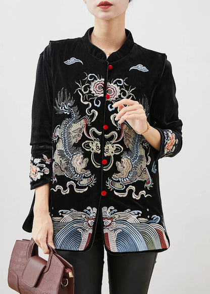 Black Embroideried Silk Velour Shirt and Vest Two Pieces Set Spring