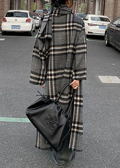 Loose Grey Plaid Patchwork Scarf and Coat Two Pieces Set Long Sleeve