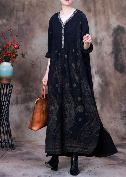 Black Side Open Patchwork Velour Long Dresses Spring
