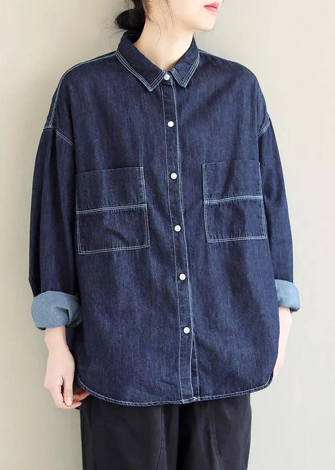 Lapel Pockets Spring Tops Pattern Denim Blue Shirt