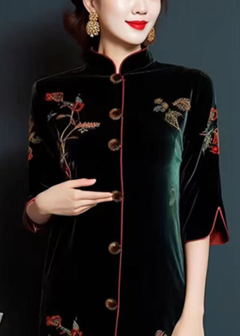 Blackish Green Embroideried Button Silk Velour Dress Long Sleeve