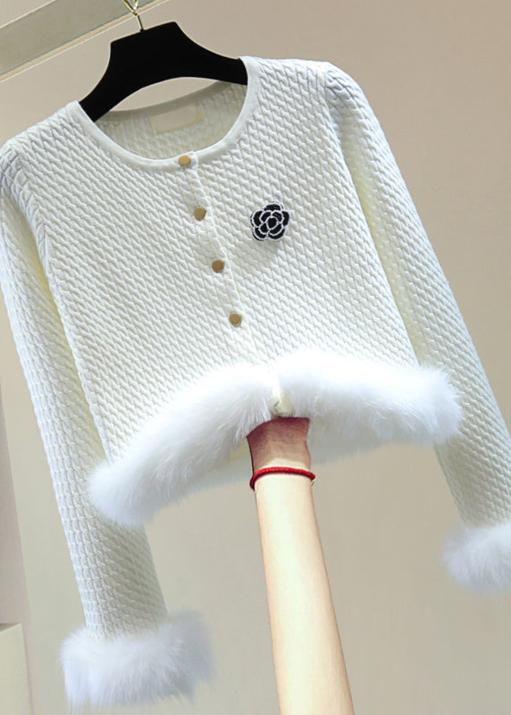 Stylish Grey O-neck Fuzzy Fur Fluffy Cotton Knit Sweater Winter