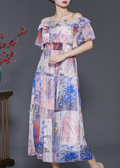 Light Purple Slash Neck Cinched Chiffon Holiday Dress Summer