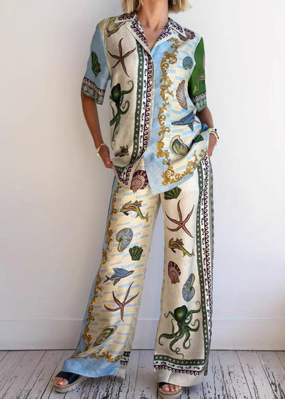 Print Shirts and Wide Leg Pants Two Piece Set Summer