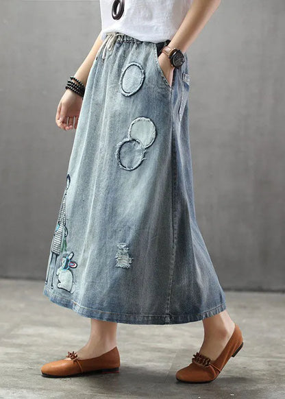 Light Blue Elastic Waist Patchwork Cartoon Embroideried Tulle Denim Skirts Spring