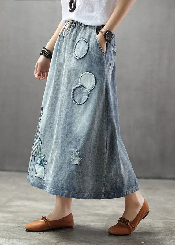 Light Blue Elastic Waist Patchwork Cartoon Embroideried Tulle Denim Skirts Spring