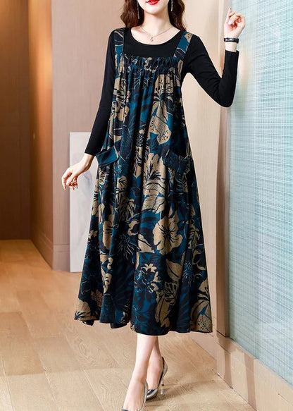 Blue Slash Veck Print Top and Slip Dress Two Piece Set Summer