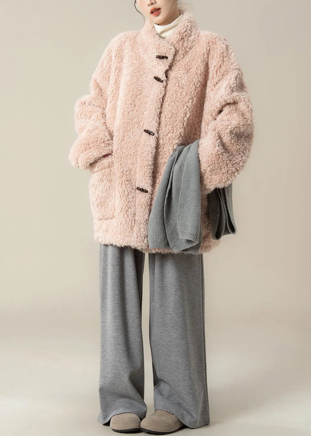 New Pink Faux Fur Coat and Grey Wide Leg Pants Set Winter