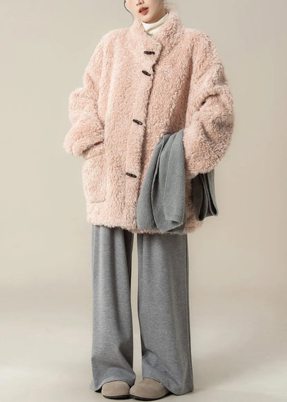 New Pink Faux Fur Coat and Grey Wide Leg Pants Set Winter