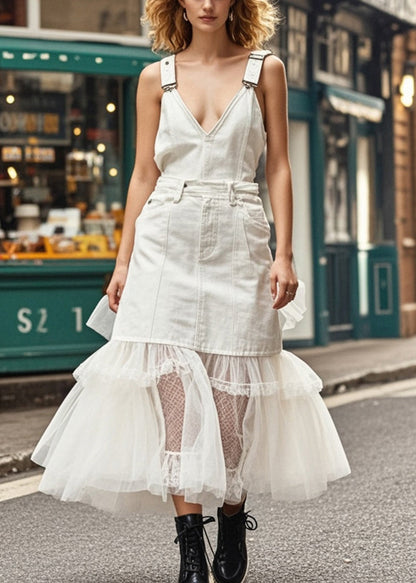 White V Neck Patchwork Tulle Denim Dresses Summer