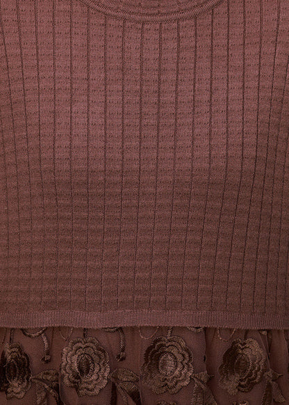 French Chocolate O-neck Embroideried Lace Patchwork Knit Maxi Dress Long Sleeve