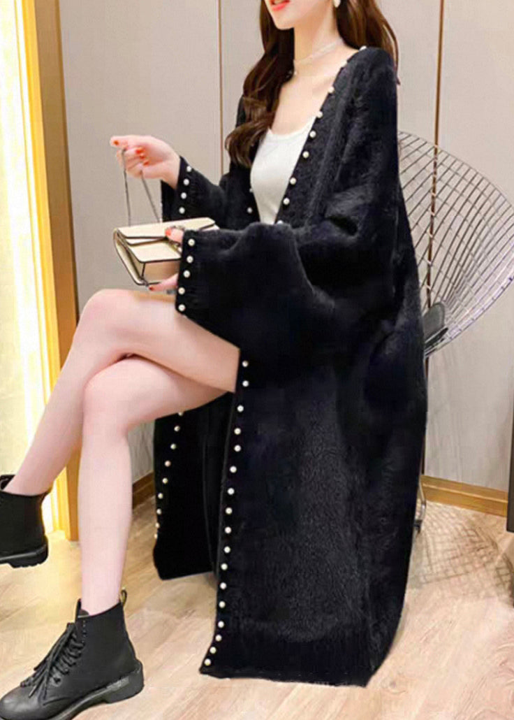 Black Pearl Cozy Knit Spring Coat V Neck