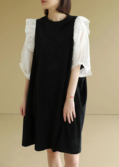Black O-neck Patchwork Ruffles Velour a Line Dress Half Sleeve