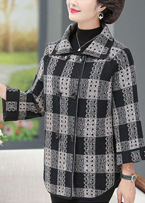 Black Peter Pan Collar Plaid Bouble Breast Woolen Coats Long Sleeve