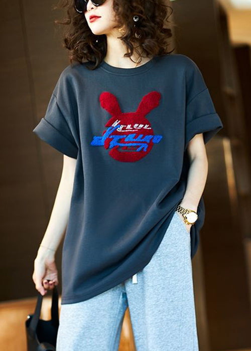 Dark Gray O Neck Print Cotton T Shirt Short Sleeve